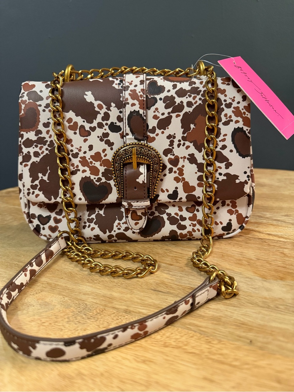 Betsey Johnson Brown & White Cow-Print Chain Shoulder Bag